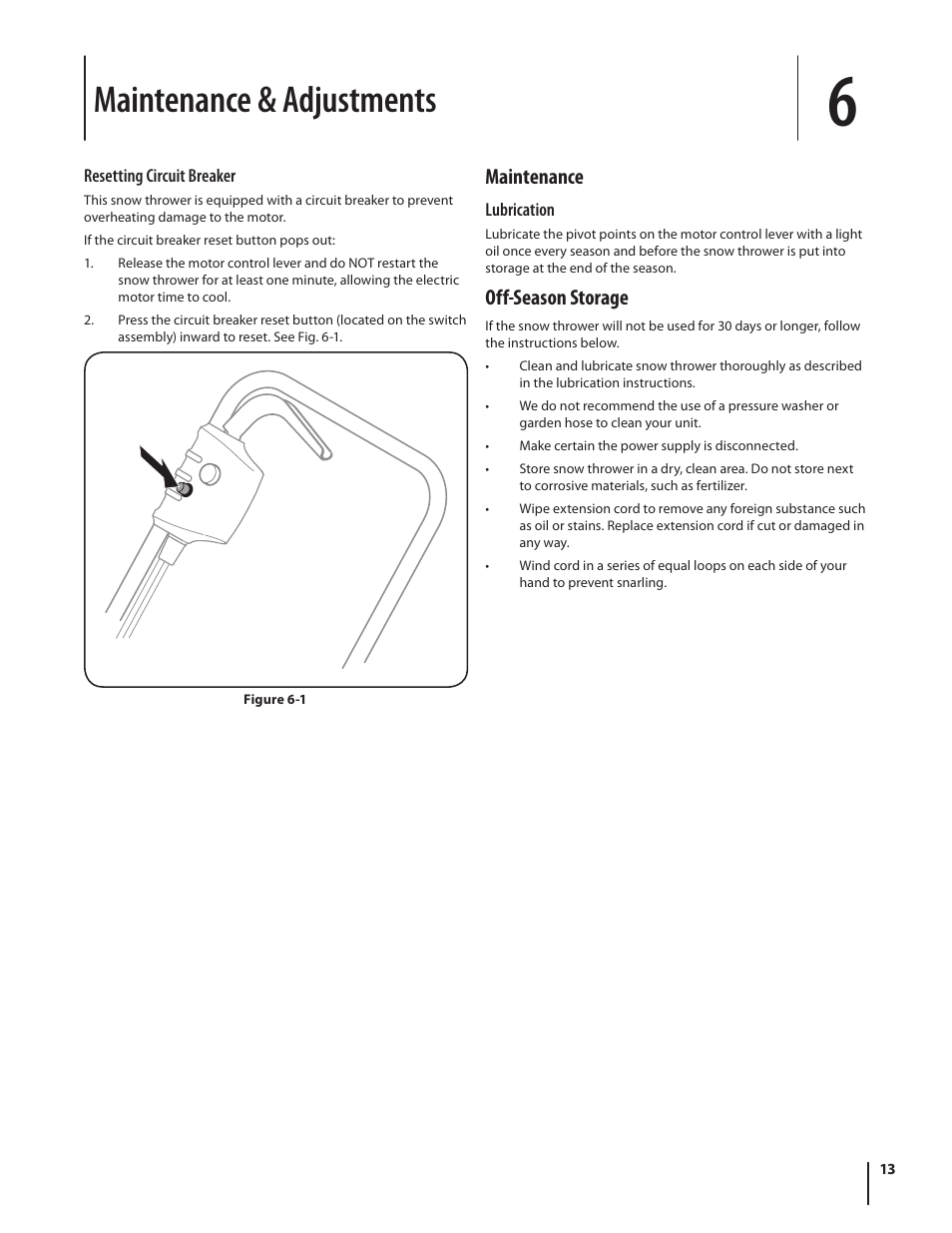 Maintenance & adjustments, Maintenance, Off-season storage | Troy-Bilt Electric Snow Thrower Flurry 1400 User Manual | Page 13 / 40