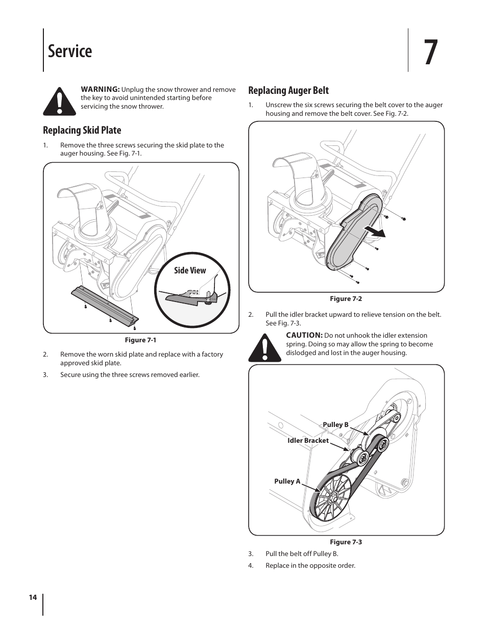 Service, Replacing skid plate, Replacing auger belt | Troy-Bilt Electric Snow Thrower Flurry 1400 User Manual | Page 14 / 40