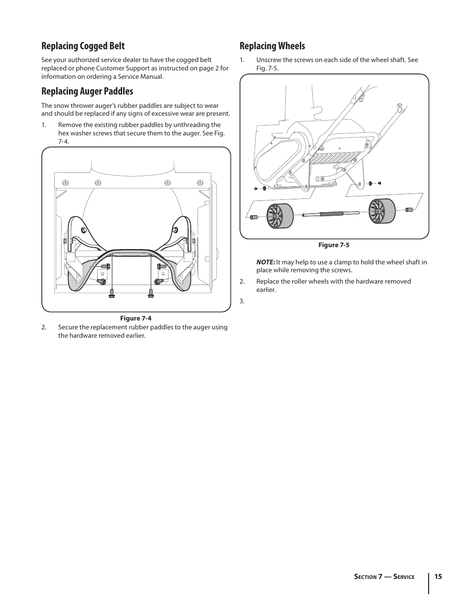 Replacing cogged belt, Replacing auger paddles, Replacing wheels | Troy-Bilt Electric Snow Thrower Flurry 1400 User Manual | Page 15 / 40