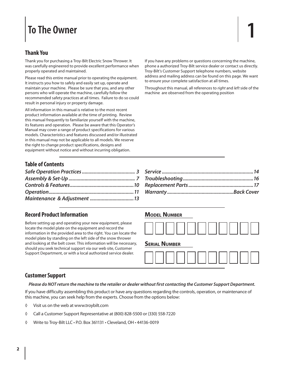 Table of contents customer support | Troy-Bilt Electric Snow Thrower Flurry 1400 User Manual | Page 2 / 40