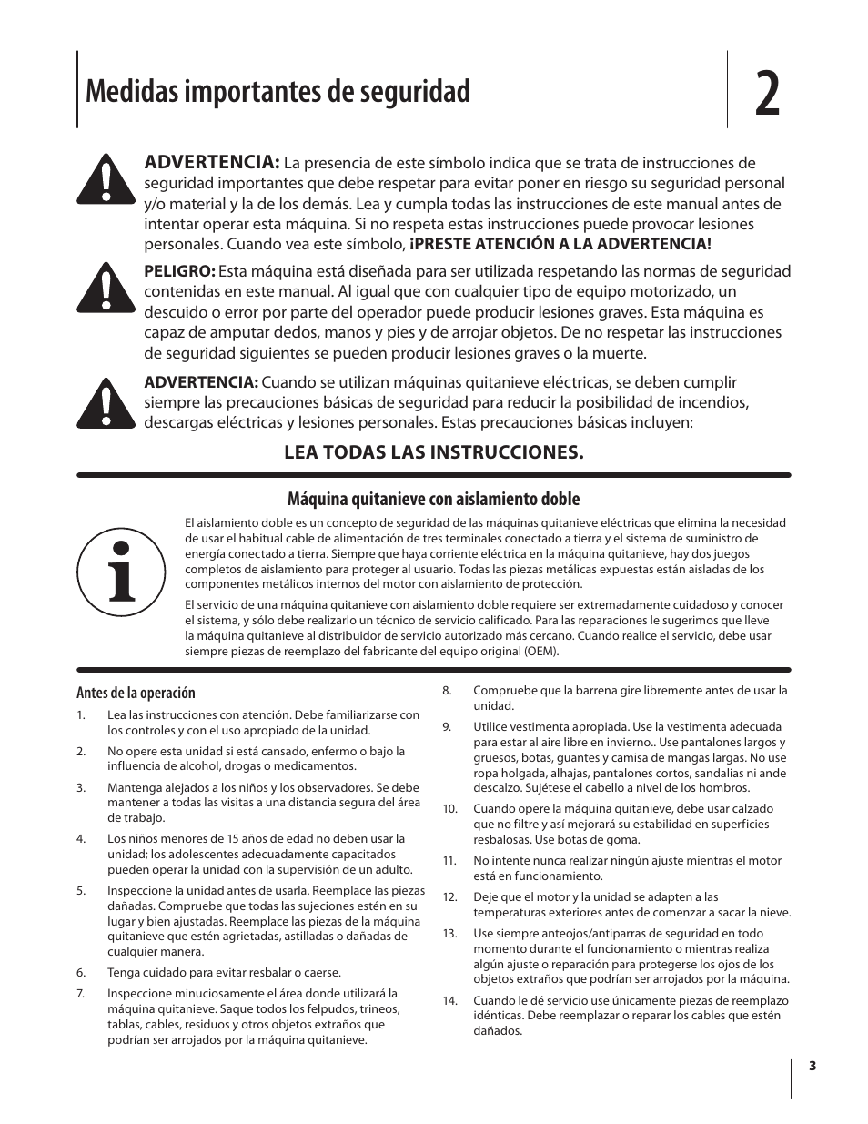 Medidas importantes de seguridad, Máquina quitanieve con aislamiento doble, Advertencia | Lea todas las instrucciones | Troy-Bilt Electric Snow Thrower Flurry 1400 User Manual | Page 23 / 40