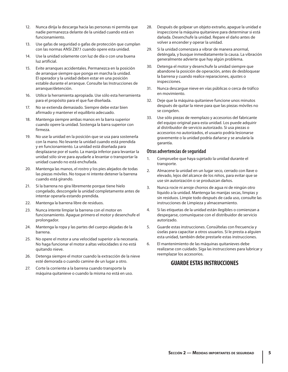 Guarde estas instrucciones, Otras advertencias de seguridad | Troy-Bilt Electric Snow Thrower Flurry 1400 User Manual | Page 25 / 40