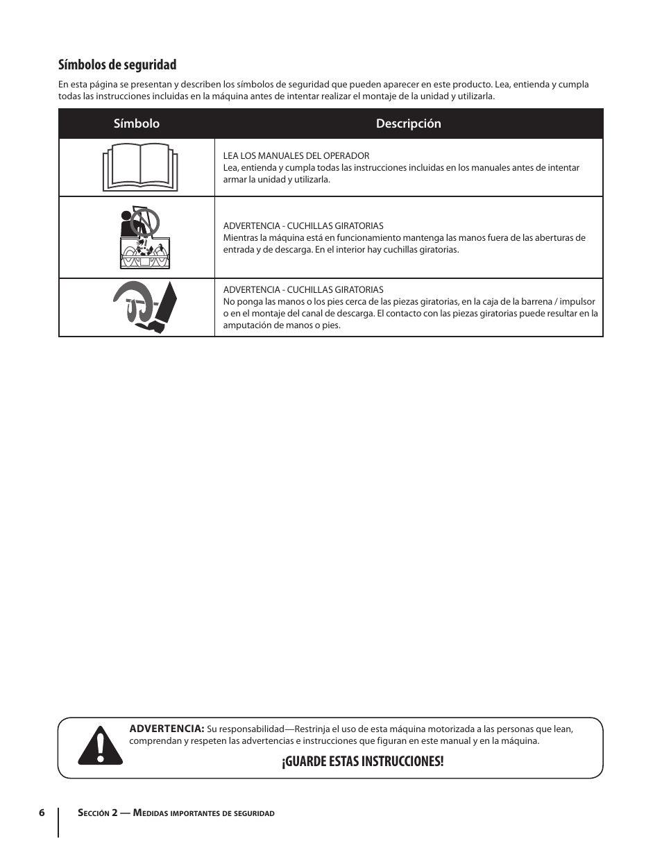 Símbolos de seguridad, Guarde estas instrucciones, Símbolo descripción | Troy-Bilt Electric Snow Thrower Flurry 1400 User Manual | Page 26 / 40