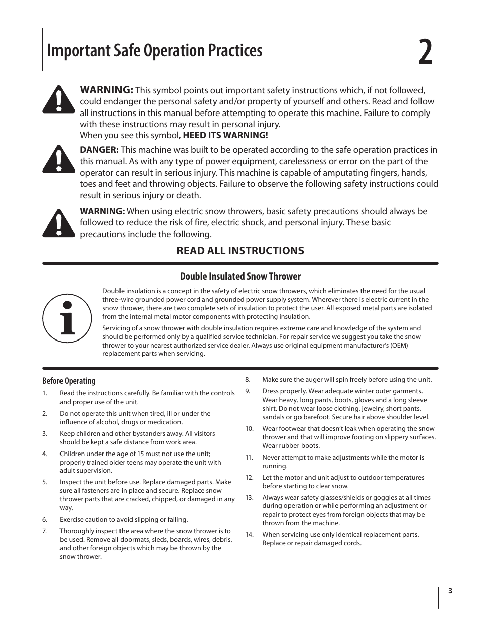 Important safe operation practices, Double insulated snow thrower, Warning | Read all instructions | Troy-Bilt Electric Snow Thrower Flurry 1400 User Manual | Page 3 / 40