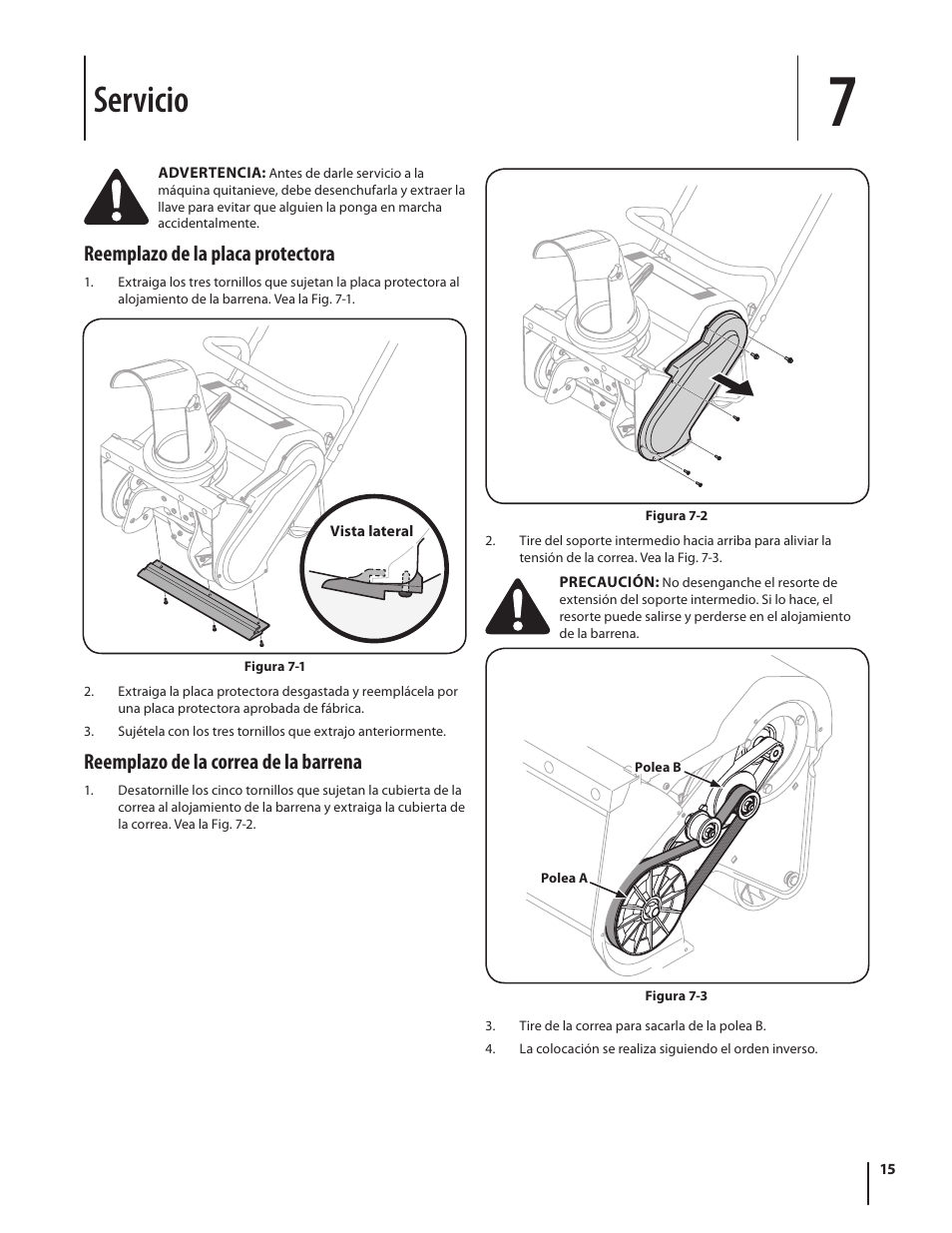 Servicio, Reemplazo de la placa protectora, Reemplazo de la correa de la barrena | Troy-Bilt Electric Snow Thrower Flurry 1400 User Manual | Page 35 / 40