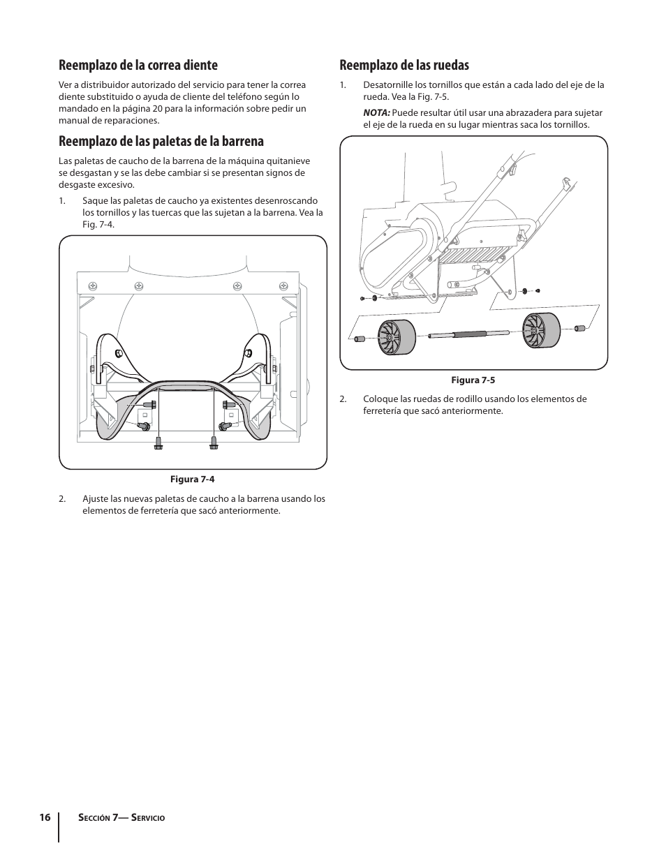 Reemplazo de la correa diente, Reemplazo de las paletas de la barrena, Reemplazo de las ruedas | Troy-Bilt Electric Snow Thrower Flurry 1400 User Manual | Page 36 / 40