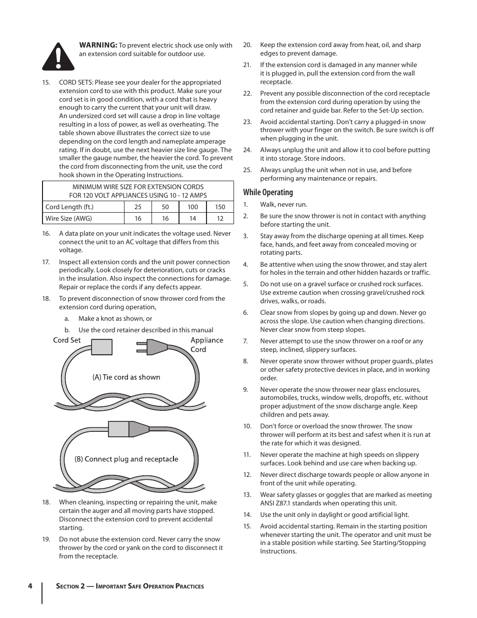 While operating | Troy-Bilt Electric Snow Thrower Flurry 1400 User Manual | Page 4 / 40