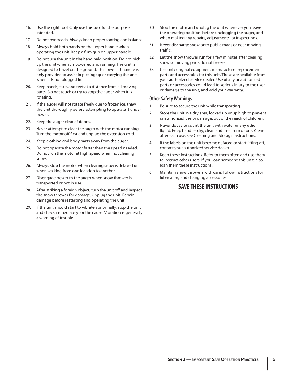 Save these instructions, Other safety warnings | Troy-Bilt Electric Snow Thrower Flurry 1400 User Manual | Page 5 / 40