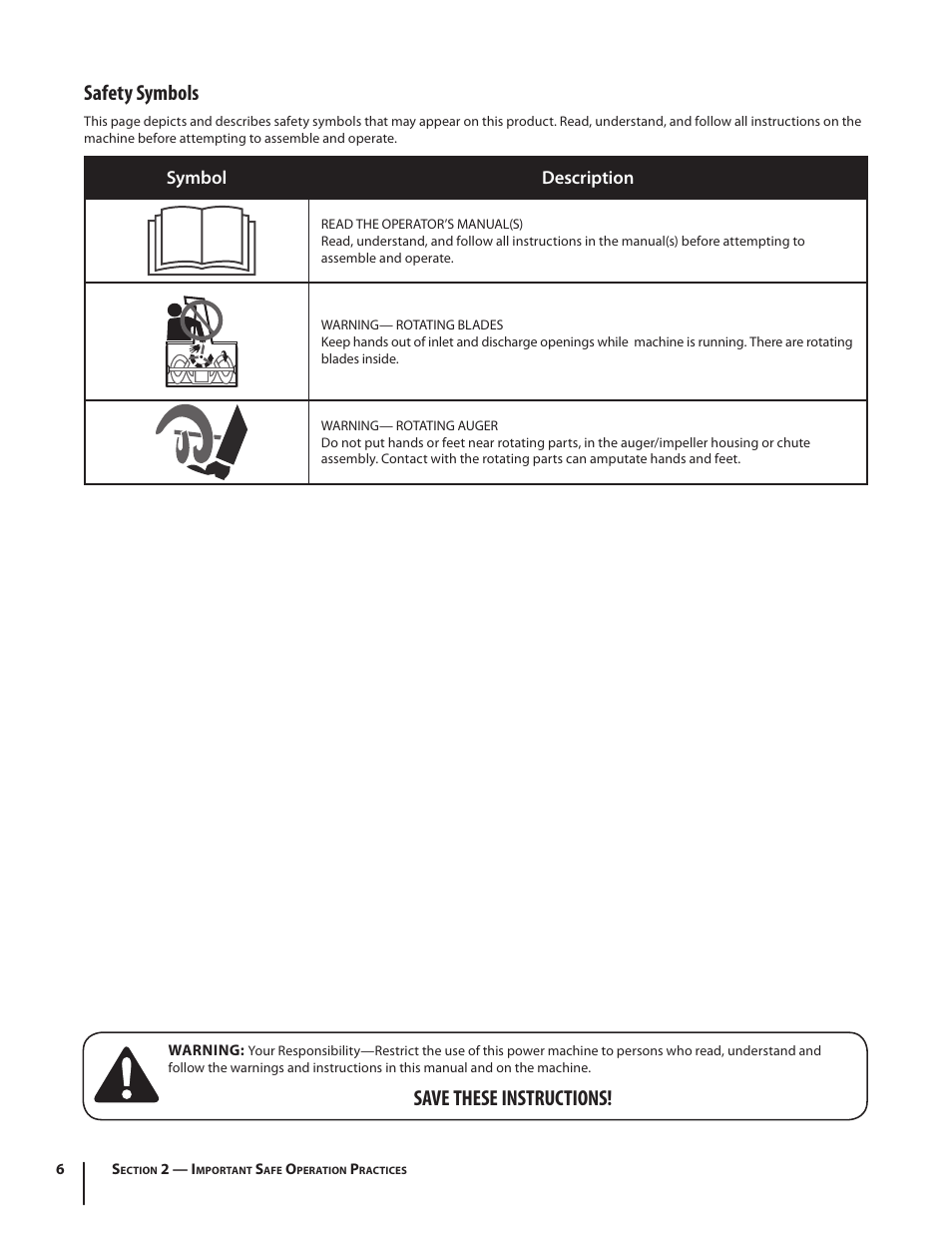 Safety symbols, Save these instructions, Symbol description | Troy-Bilt Electric Snow Thrower Flurry 1400 User Manual | Page 6 / 40