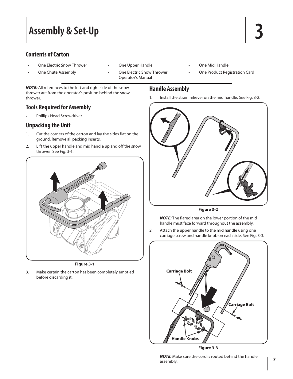 Assembly & set-up, Tools required for assembly, Unpacking the unit | Handle assembly, Contents of carton | Troy-Bilt Electric Snow Thrower Flurry 1400 User Manual | Page 7 / 40