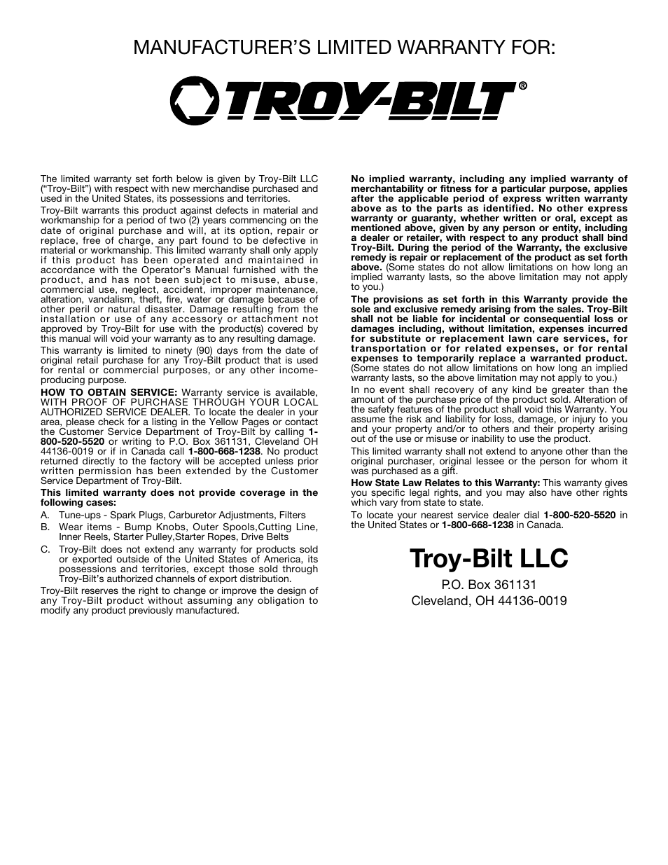 Troy-bilt llc, Manufacturer’s limited warranty for | Troy-Bilt TBGC User Manual | Page 10 / 32
