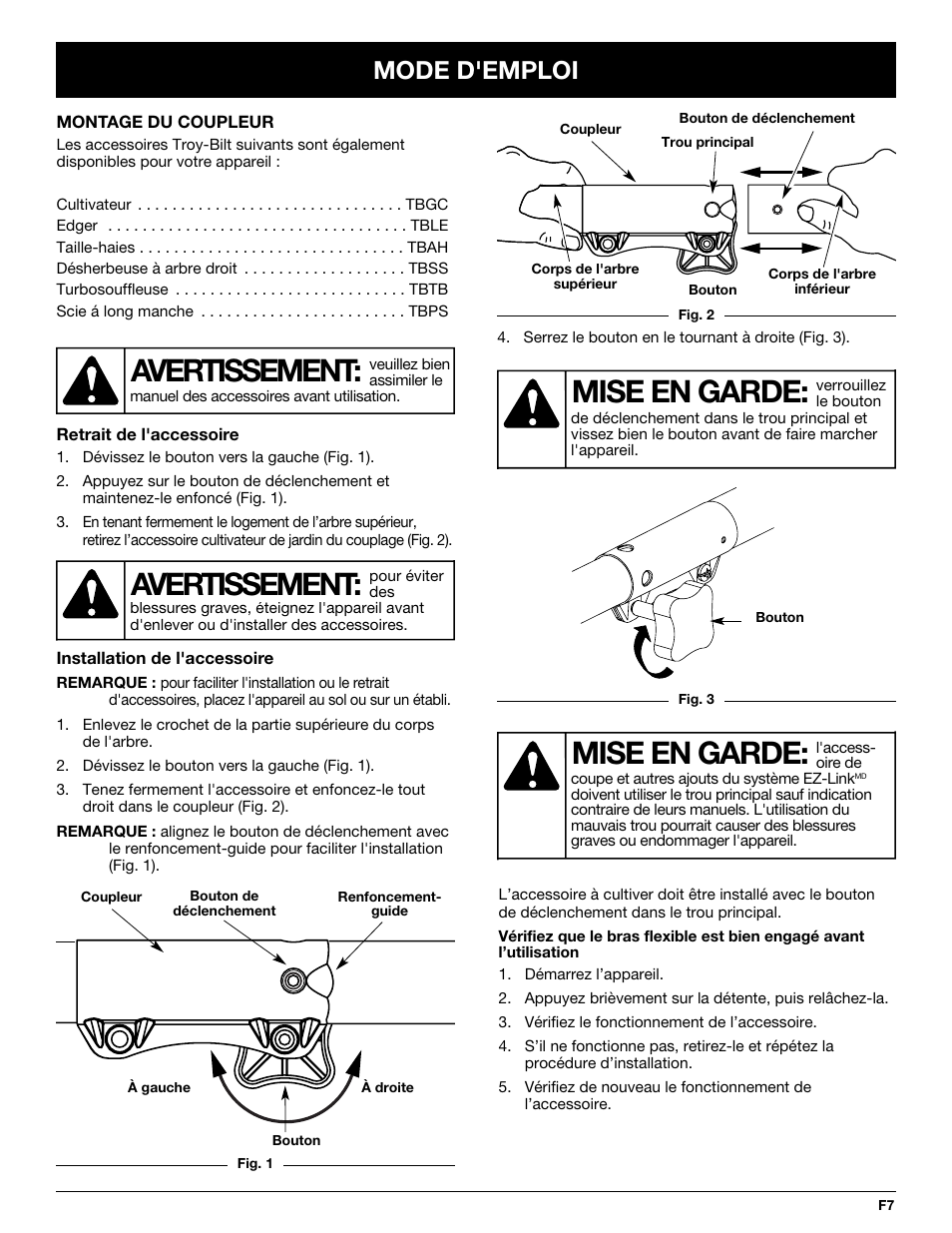 Avertissement, Mise en garde, Mode d'emploi | Troy-Bilt TBGC User Manual | Page 17 / 32