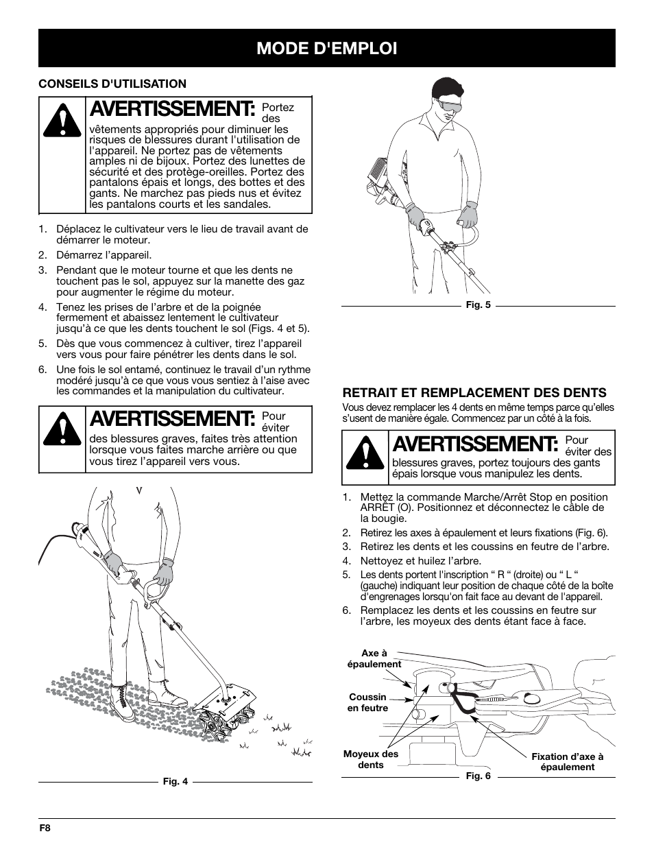 Avertissement, Mode d'emploi | Troy-Bilt TBGC User Manual | Page 18 / 32