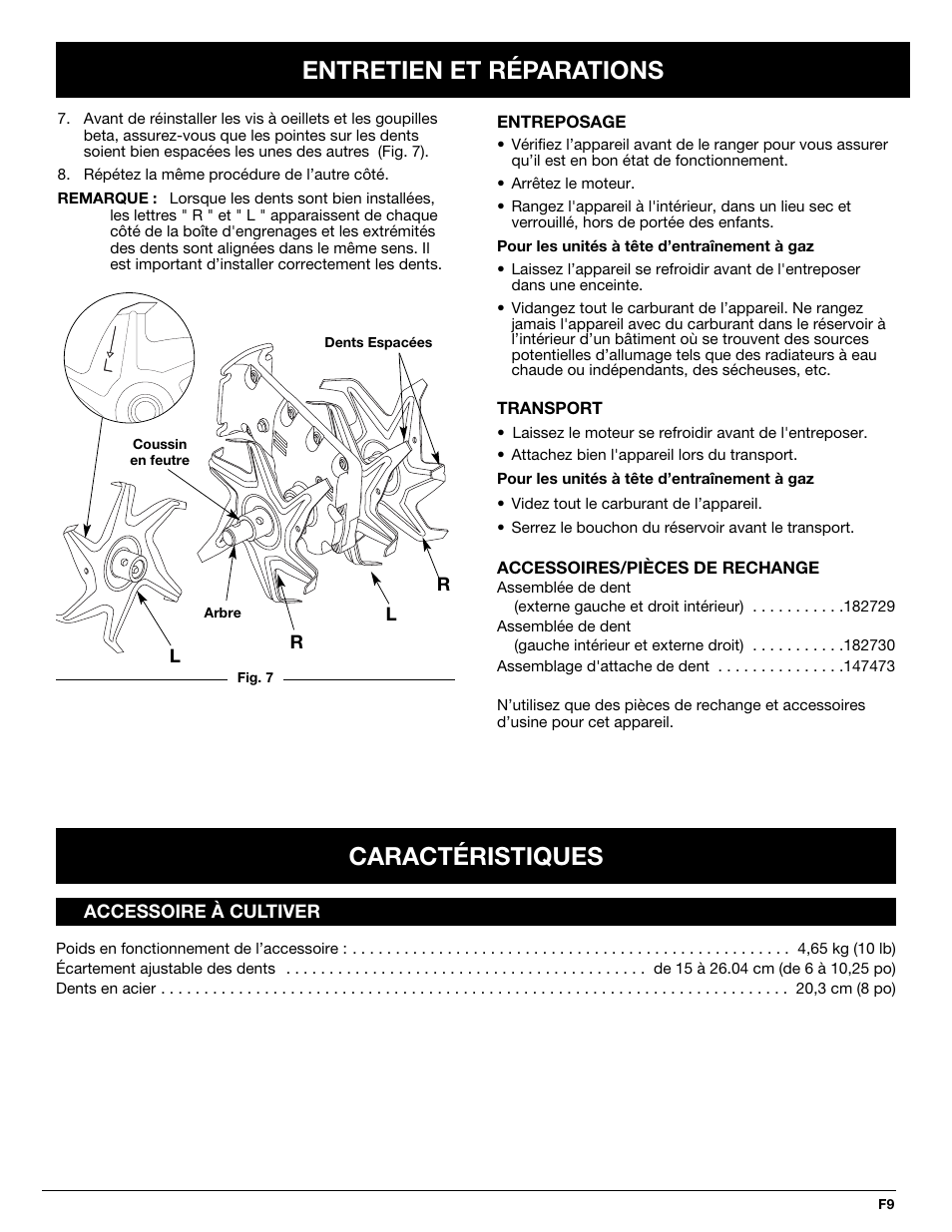 Entretien et réparations, Caractéristiques | Troy-Bilt TBGC User Manual | Page 19 / 32