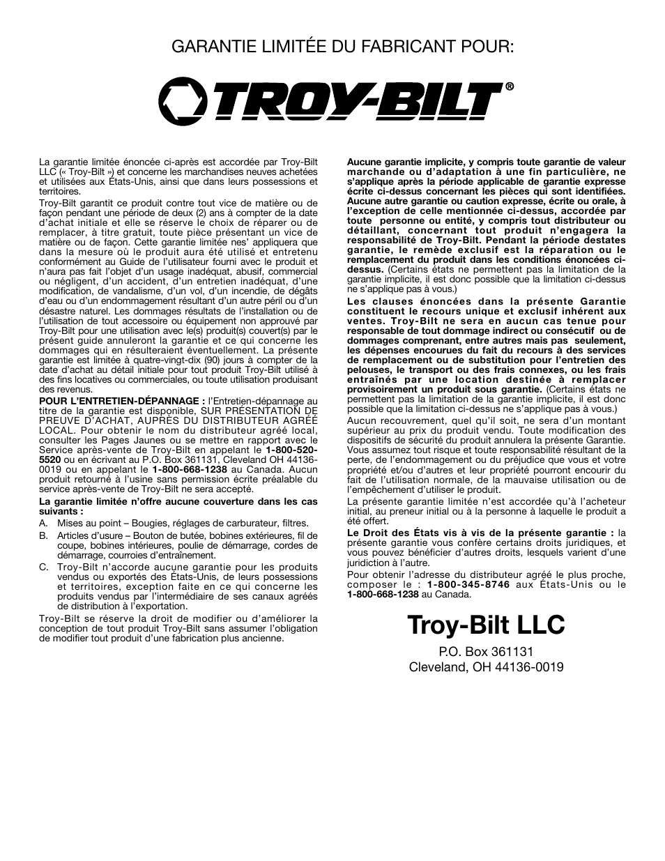 Troy-bilt llc, Garantie limitée du fabricant pour | Troy-Bilt TBGC User Manual | Page 20 / 32