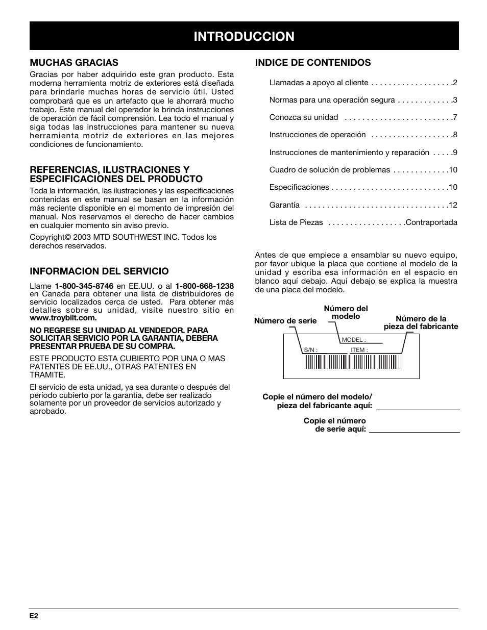 Introduccion | Troy-Bilt TBGC User Manual | Page 22 / 32