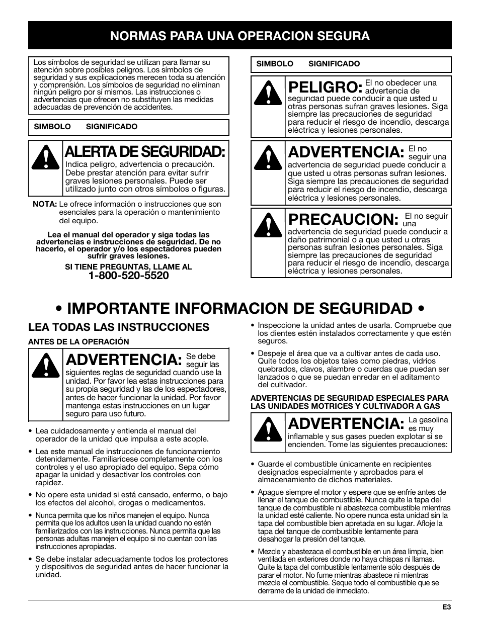 Importante informacion de seguridad, Advertencia, Peligro | Precaucion, Alerta de seguridad, Normas para una operacion segura, Lea todas las instrucciones | Troy-Bilt TBGC User Manual | Page 23 / 32