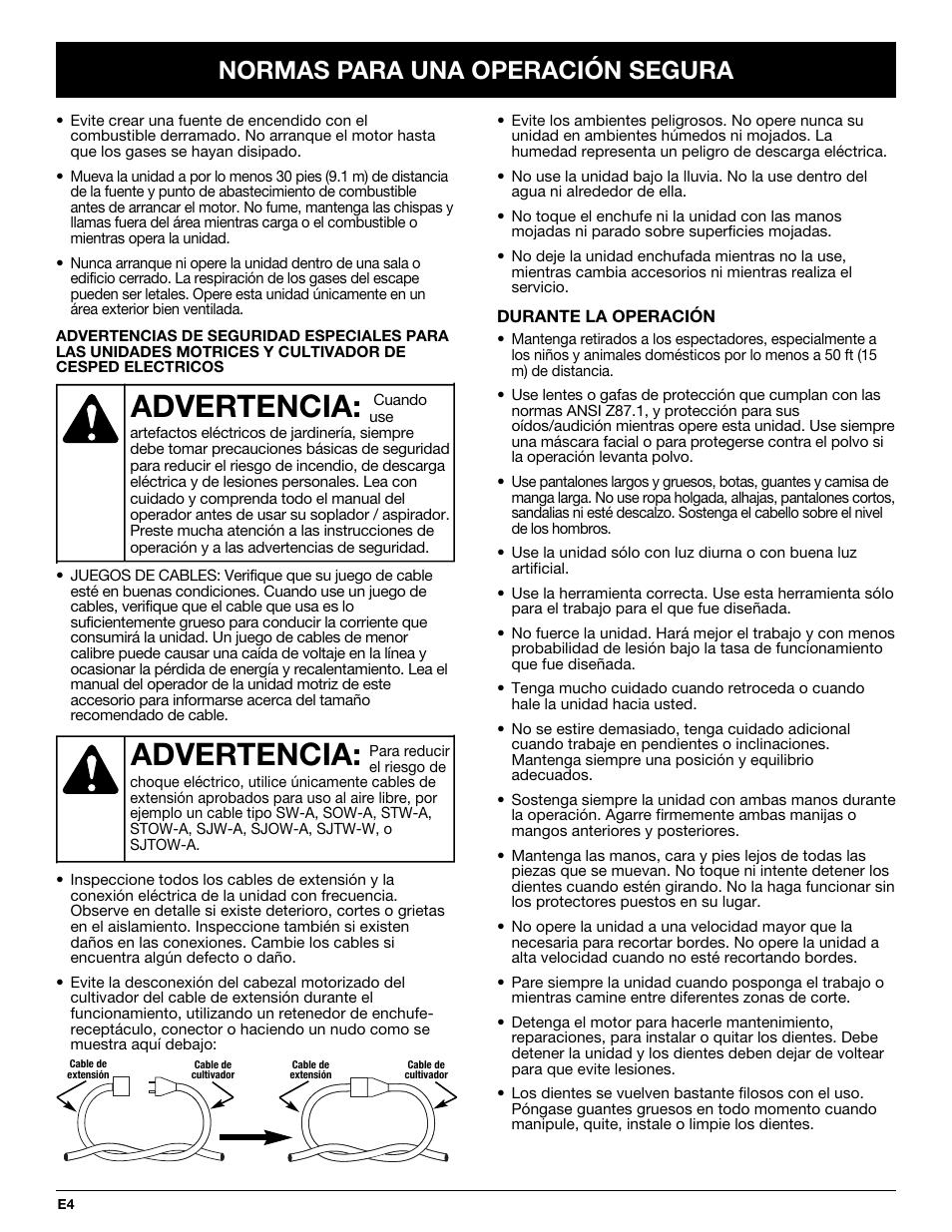 Advertencia, Normas para una operación segura | Troy-Bilt TBGC User Manual | Page 24 / 32