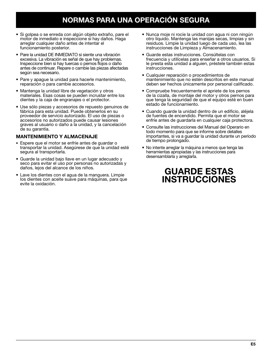 Guarde estas instrucciones, Normas para una operación segura | Troy-Bilt TBGC User Manual | Page 25 / 32