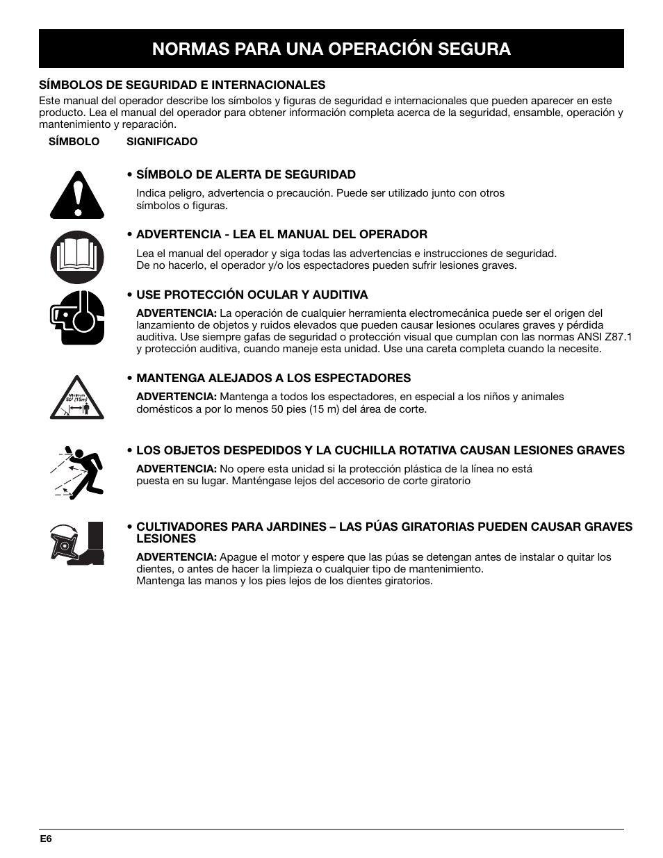 Normas para una operación segura | Troy-Bilt TBGC User Manual | Page 26 / 32