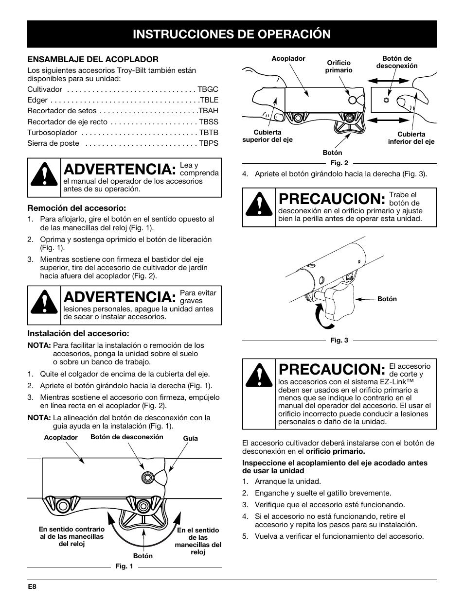 Precaucion, Advertencia, Instrucciones de operación | Troy-Bilt TBGC User Manual | Page 28 / 32