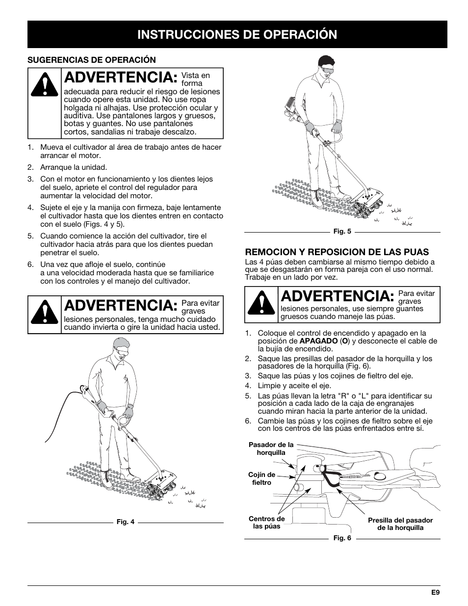 Advertencia, Instrucciones de operación | Troy-Bilt TBGC User Manual | Page 29 / 32