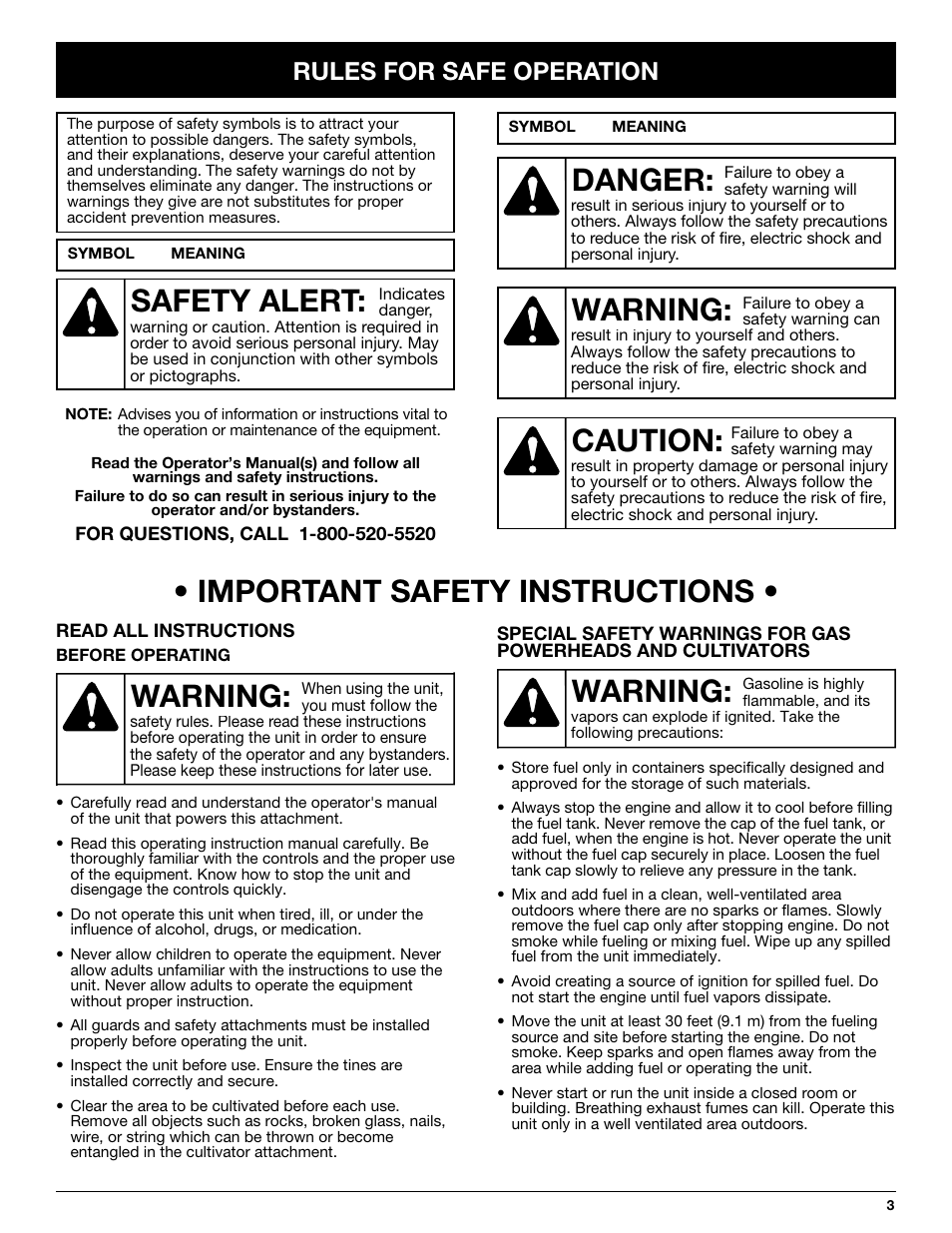 Important safety instructions, Warning, Danger | Caution, Safety alert, Rules for safe operation | Troy-Bilt TBGC User Manual | Page 3 / 32