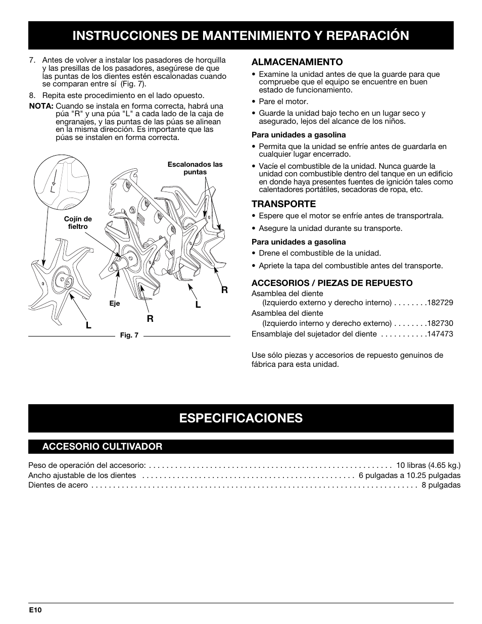 Especificaciones, Instrucciones de mantenimiento y reparación | Troy-Bilt TBGC User Manual | Page 30 / 32