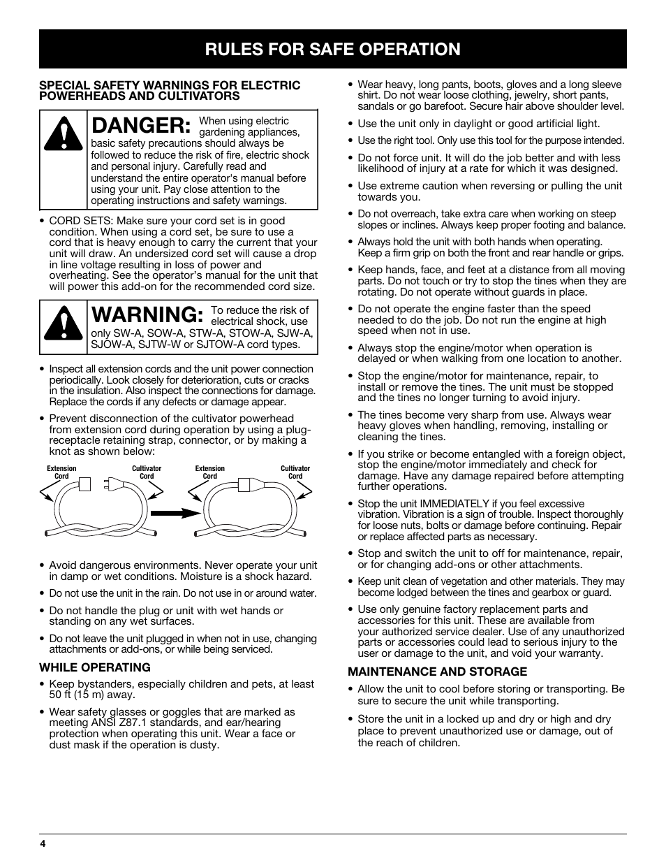 Warning, Danger, Rules for safe operation | Troy-Bilt TBGC User Manual | Page 4 / 32