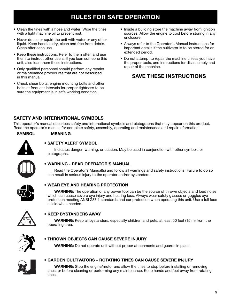 Rules for safe operation, Save these instructions | Troy-Bilt TBGC User Manual | Page 5 / 32