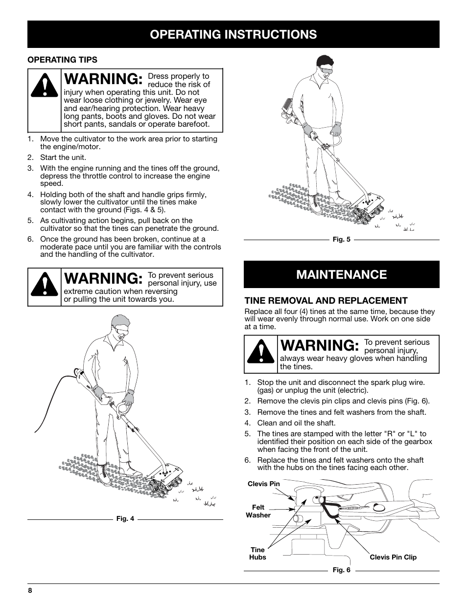 Warning, Operating instructions, Maintenance | Troy-Bilt TBGC User Manual | Page 8 / 32