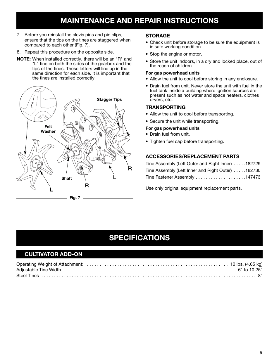 Maintenance and repair instructions, Specifications | Troy-Bilt TBGC User Manual | Page 9 / 32