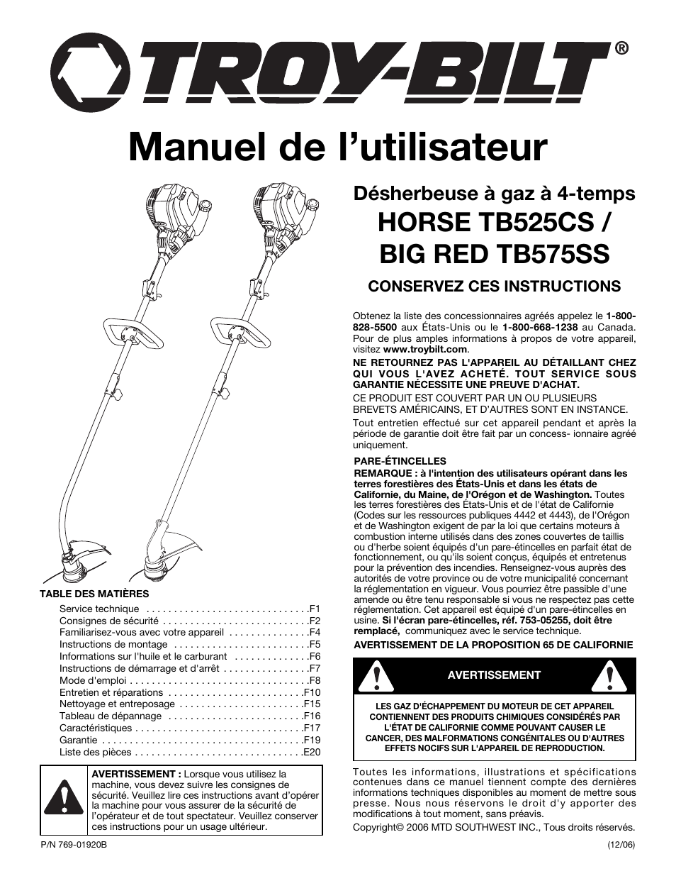 Manuel de l’utilisateur, Désherbeuse à gaz à 4-temps | Troy-Bilt TB525CS User Manual | Page 21 / 64