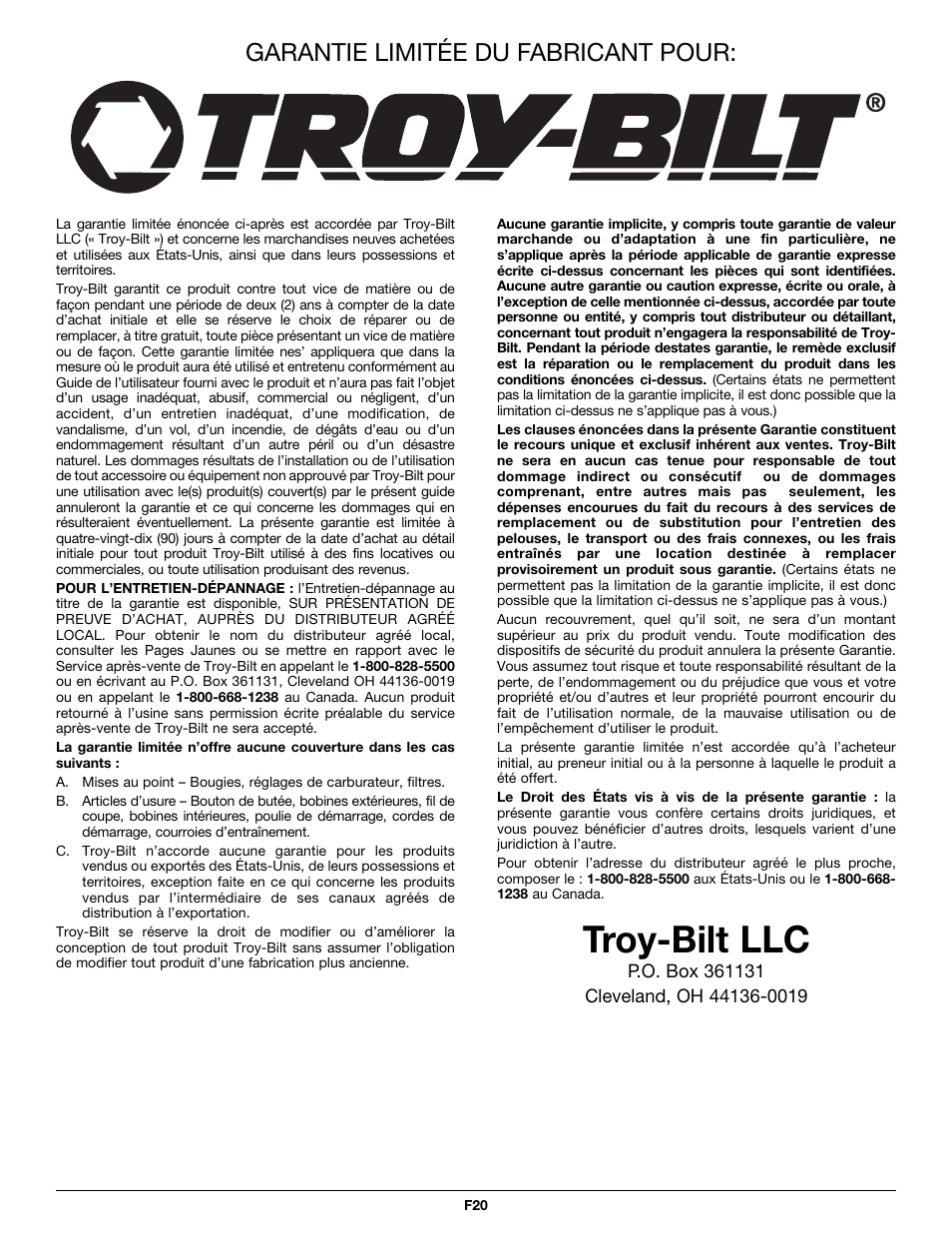 Troy-bilt llc, Garantie limitée du fabricant pour | Troy-Bilt TB525CS User Manual | Page 40 / 64