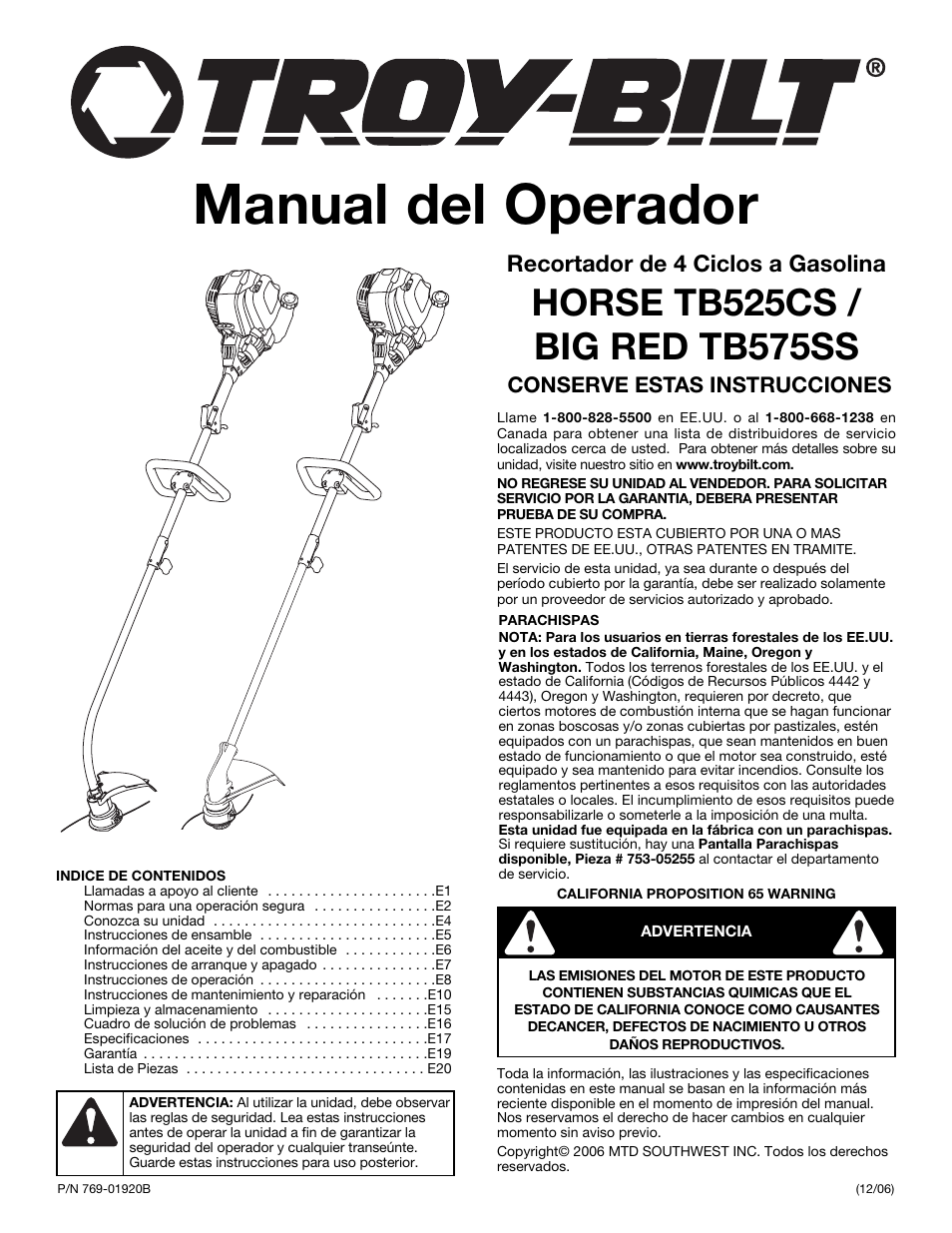 Manual del operador, Recortador de 4 ciclos a gasolina | Troy-Bilt TB525CS User Manual | Page 41 / 64
