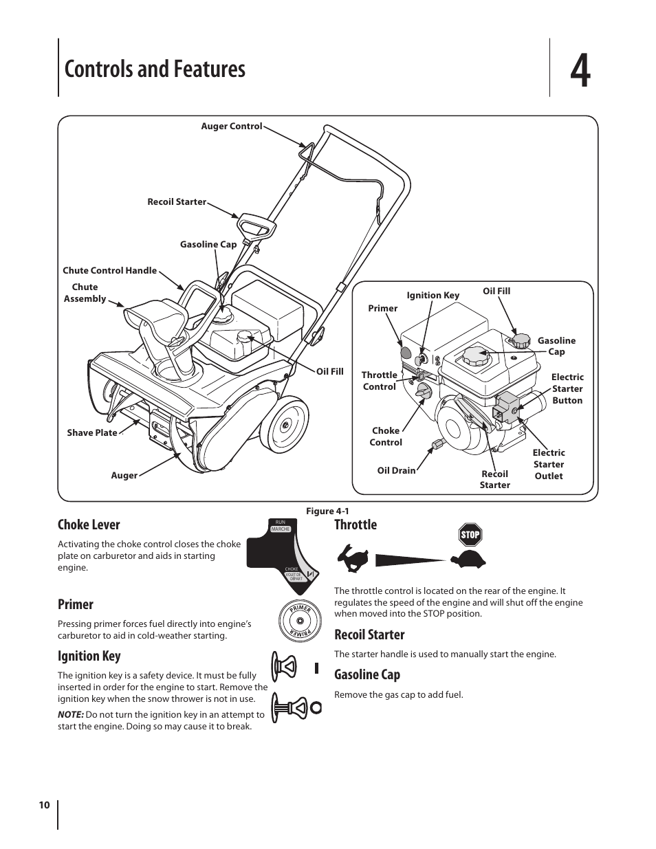 Controls and features, Choke lever, Primer | Ignition key, Throttle, Recoil starter, Gasoline cap | Troy-Bilt 769-04000A User Manual | Page 10 / 48