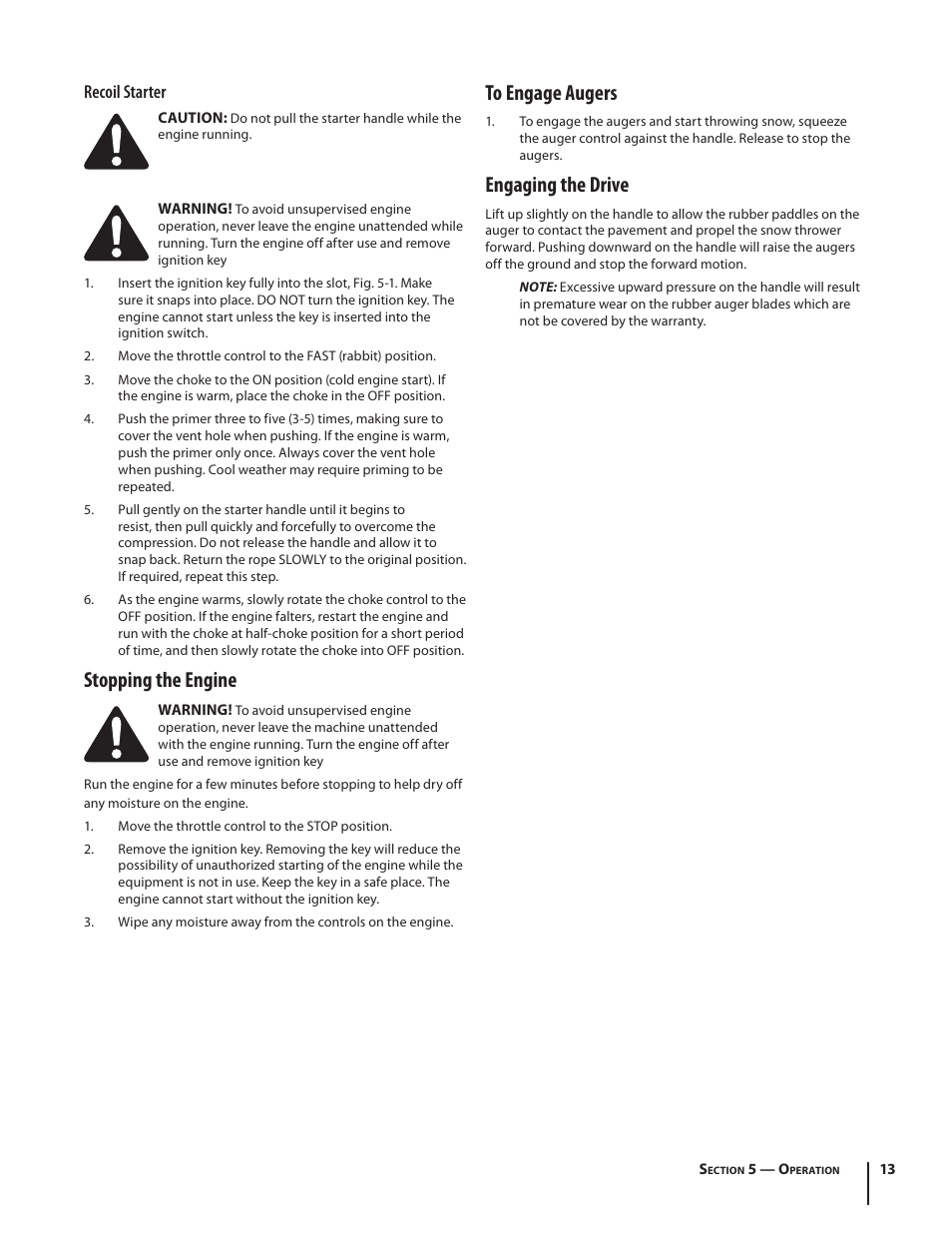 Stopping the engine, Engaging the drive, Recoil starter | Troy-Bilt 769-04000A User Manual | Page 13 / 48