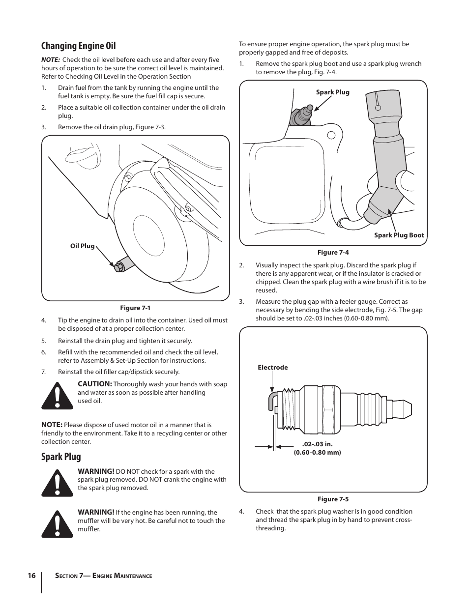 Changing engine oil, Spark plug | Troy-Bilt 769-04000A User Manual | Page 16 / 48