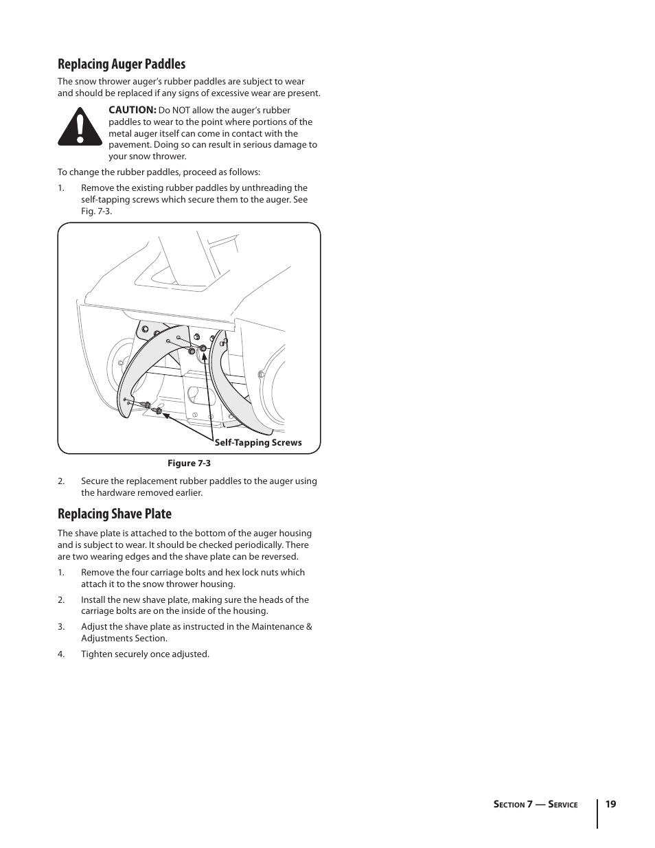 Replacing auger paddles, Replacing shave plate | Troy-Bilt 769-04000A User Manual | Page 19 / 48