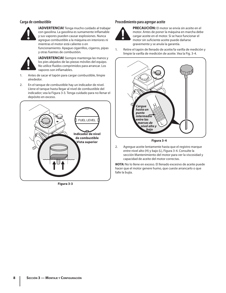 Carga de combustible, Procedimiento para agregar aceite | Troy-Bilt 769-04000A User Manual | Page 32 / 48