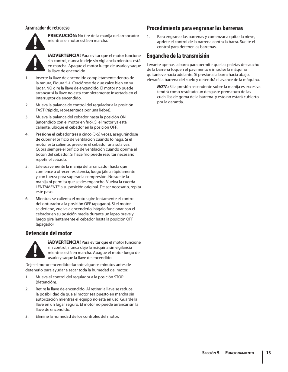 Detención del motor, Procedimiento para engranar las barrenas, Enganche de la transmisión | Arrancador de retroceso | Troy-Bilt 769-04000A User Manual | Page 37 / 48