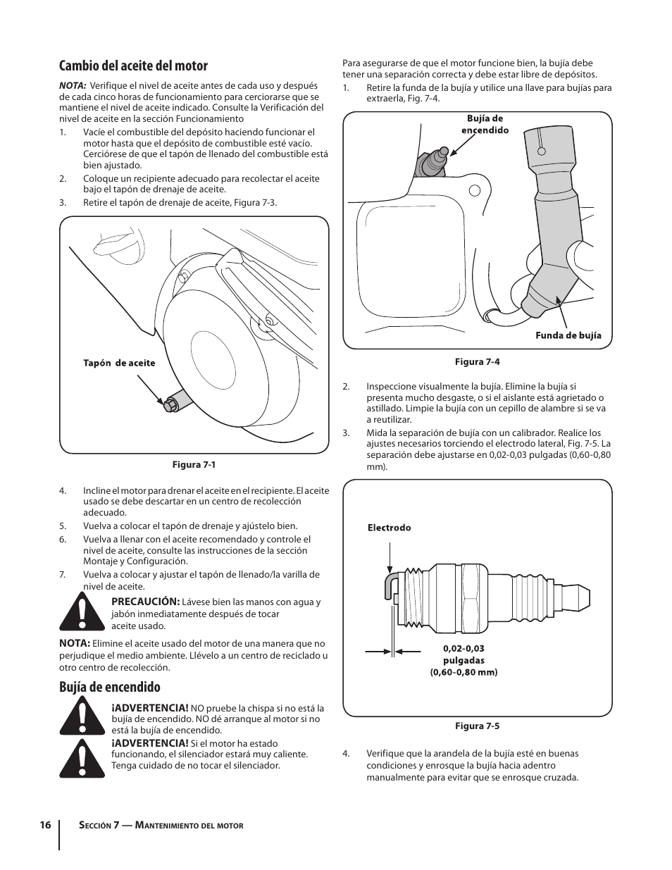 Cambio del aceite del motor, Bujía de encendido | Troy-Bilt 769-04000A User Manual | Page 40 / 48