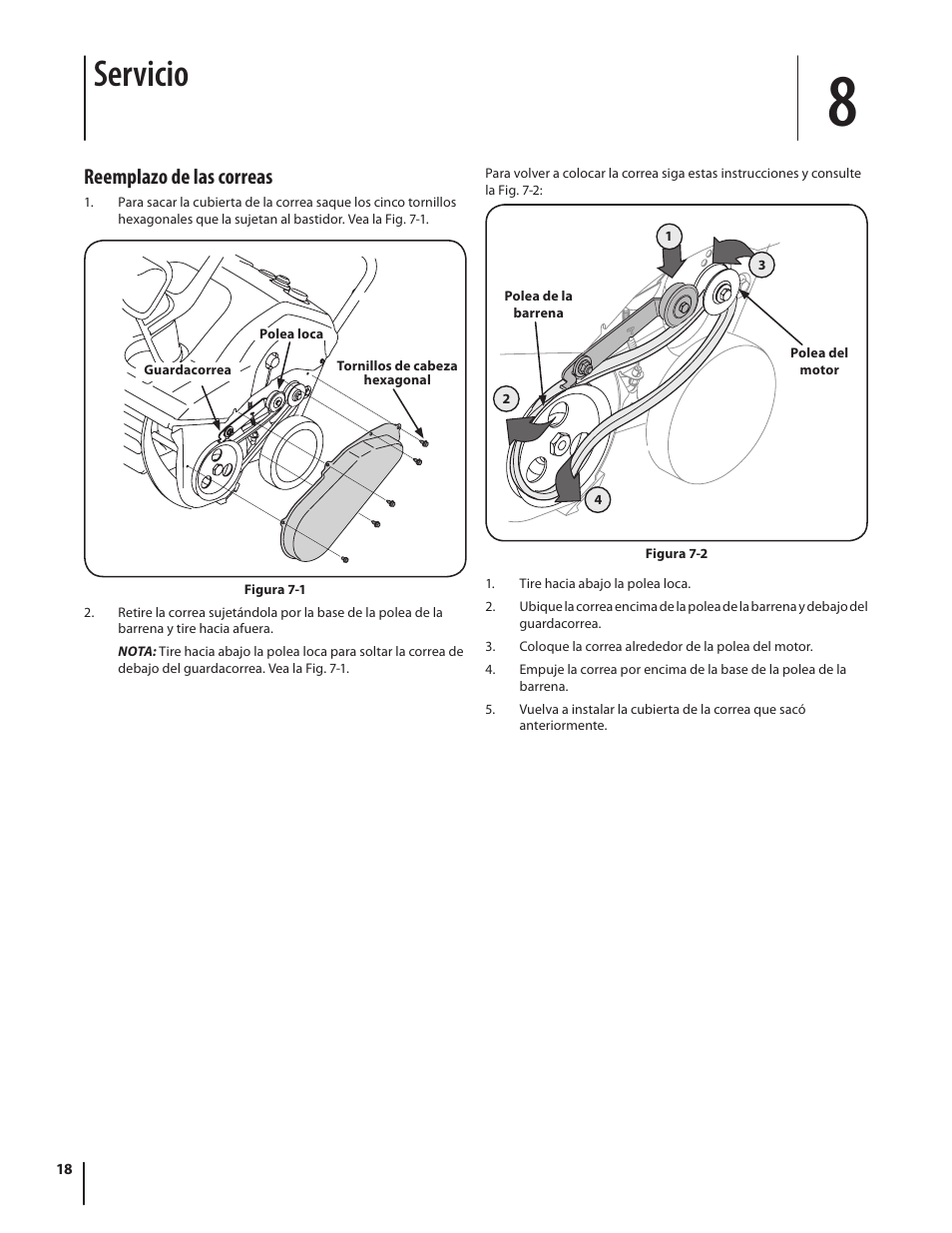 Servicio, Reemplazo de las correas | Troy-Bilt 769-04000A User Manual | Page 42 / 48