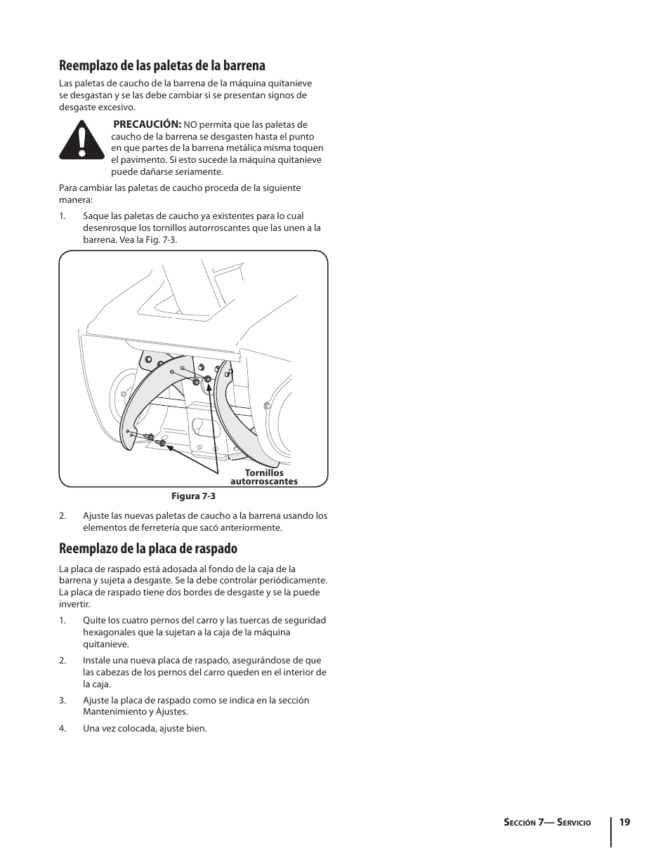 Reemplazo de las paletas de la barrena, Reemplazo de la placa de raspado | Troy-Bilt 769-04000A User Manual | Page 43 / 48