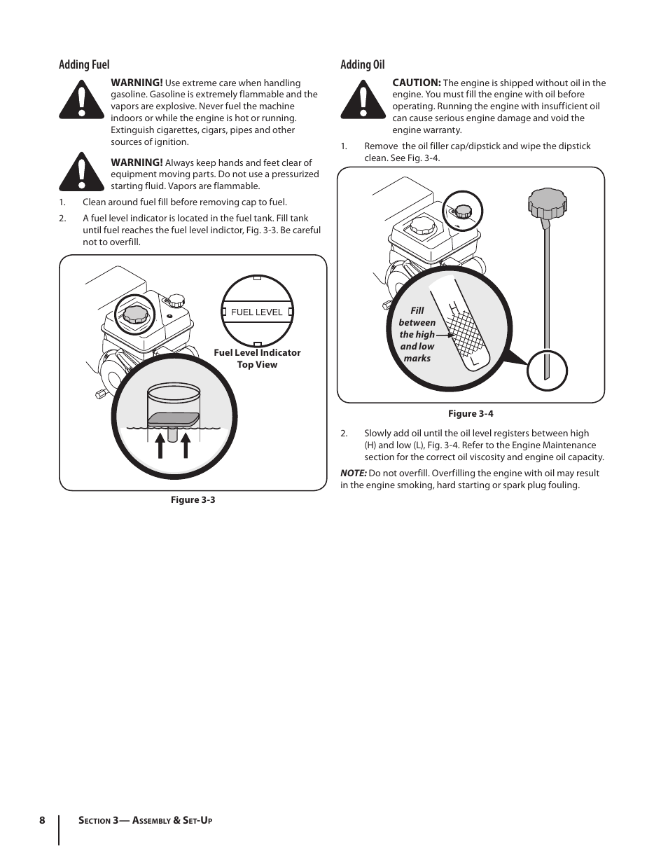 Adding fuel, Adding oil | Troy-Bilt 769-04000A User Manual | Page 8 / 48