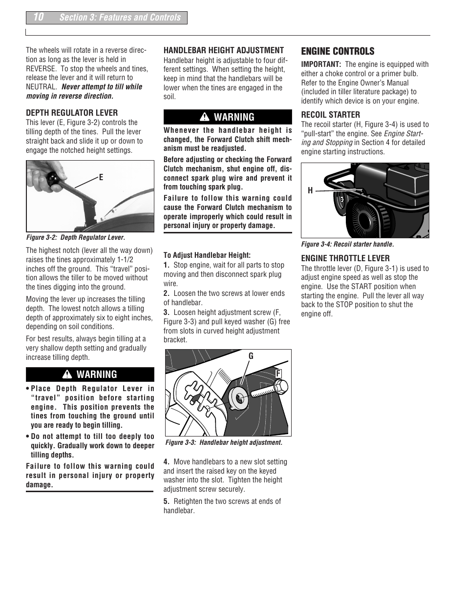Engine controls, Warning | Troy-Bilt 675B--Pony User Manual | Page 10 / 36
