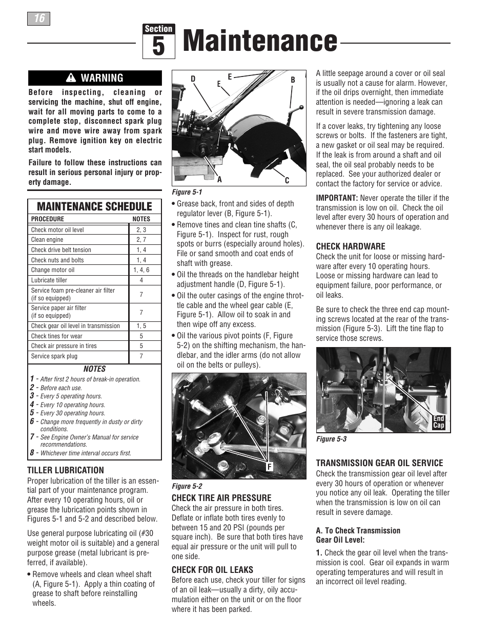 Maintenance, Maintenance schedule, Warning | Troy-Bilt 675B--Pony User Manual | Page 16 / 36