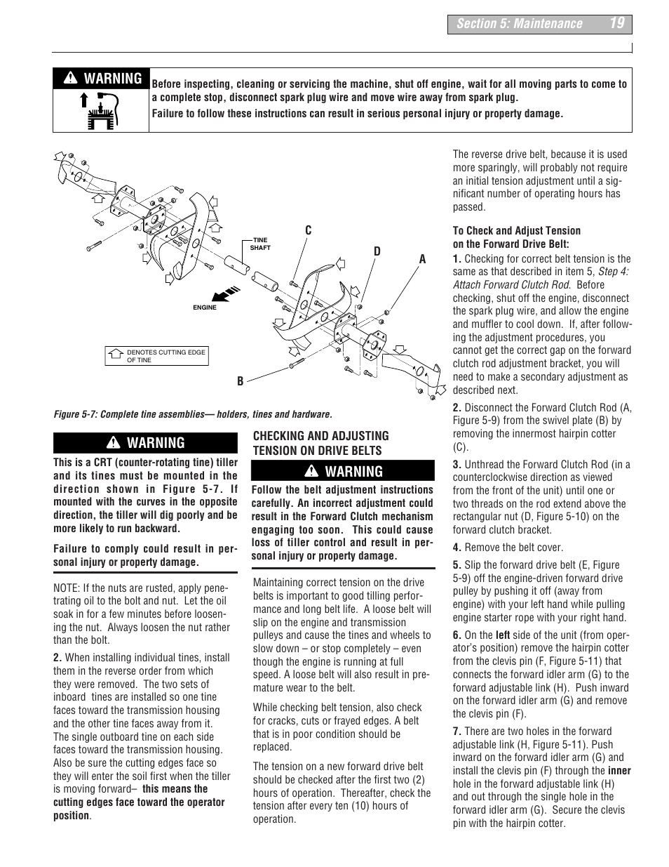 Warning | Troy-Bilt 675B--Pony User Manual | Page 19 / 36