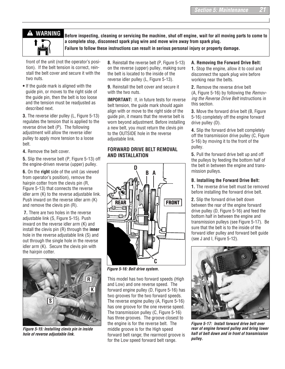 Warning | Troy-Bilt 675B--Pony User Manual | Page 21 / 36