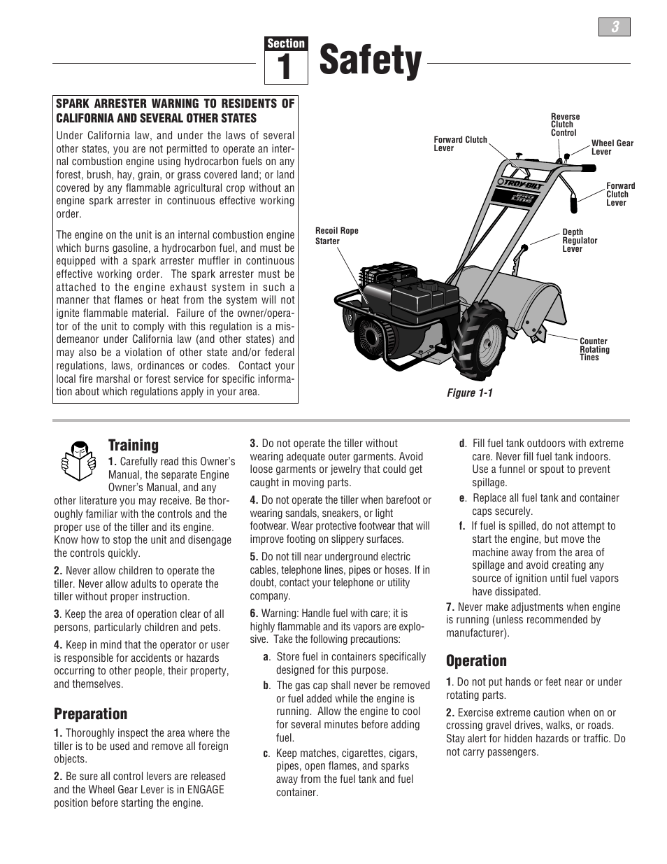 Safety, 3training, Preparation | Operation | Troy-Bilt 675B--Pony User Manual | Page 3 / 36